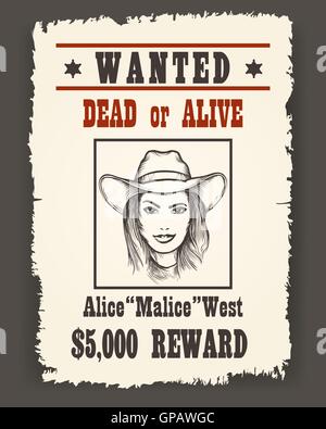 Wanted poster with Girl face in cowboy hat on dark background drawn in Retro Wild west style. Vector illustration. Stock Vector