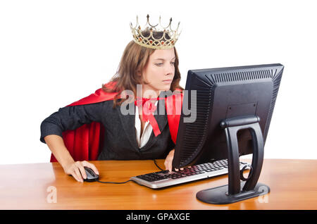 Superwoman worker with crown working in office Stock Photo