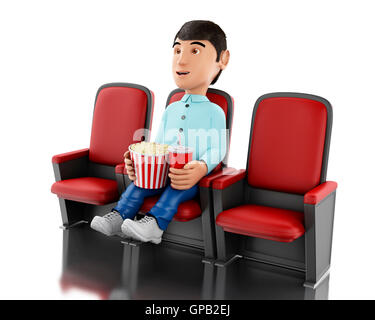 3d Illustration. Man in the cinema and eating popcorn. Isolated white background. Stock Photo