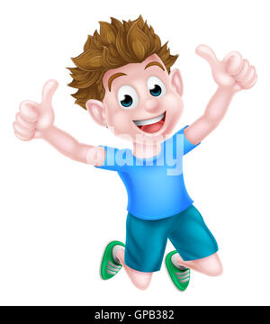 A happy cartoon young boy kid jumping for joy and giving two thumbs up. Stock Photo