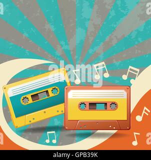 Two vintage tape cassettes and music notes illustration Stock Vector