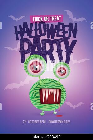 Vector Halloween party poster design template with screaming spooky monster character illustration. Stock Vector