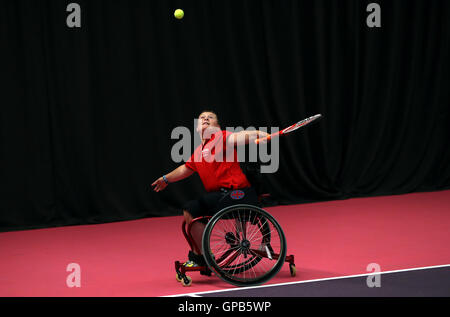 Wales' Jack Chapman in action in the Boys U18 Singles Wheelchair Tennis on day three of the 2016 School Games at Loughborough University. PRESS ASSOCIATION Photo. Picture date: Saturday September 3, 2016. Stock Photo