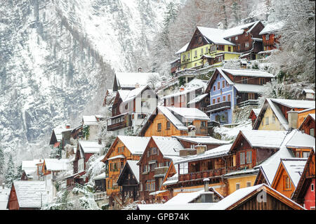 Traditional wooden houses in Hallstatt, austrian alpine town by Salzburg, Austria Stock Photo