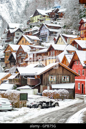 Wooden houses in Hallstatt, austrian alpine village by Salzburg, Austria Stock Photo
