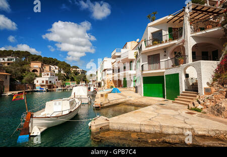 Traditional white spanish villas in Cala Figuera on Mediterranean Sea, Mallorca, Spain Stock Photo