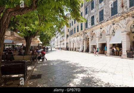 The Liston filled with shaded cafes and restaurants, Corfu town, Corfu, Greece Stock Photo