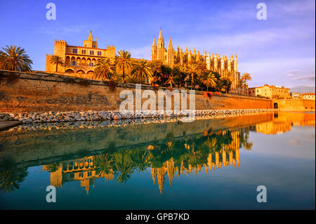 Gothic cathedral La Seu in Palma de Mallorca, Spain, reflecting in the lake water in sunset light Stock Photo