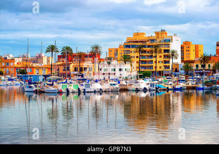 Yachts in front of apartment village in Palma de Mallorca, Majorca, Spain Stock Photo