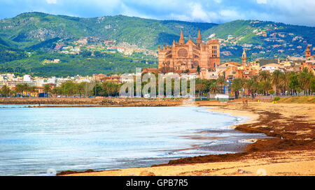 Panoramic view of Palma beach with La Seu cathedral in background, Mallorca, Spain Stock Photo