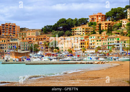 Mediterranean beach in the marina of Port Soller, Mallorca, Spain Stock Photo