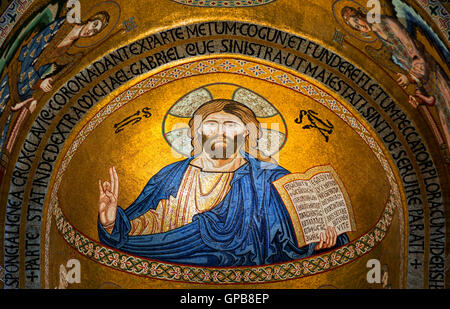 Jesus Christ mosaic icon in Monrelae cathedral, Palermo, Sicily, Italy Stock Photo