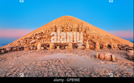 Statues on the summit of Mount Nemrut in Turkey on sunrise Stock Photo