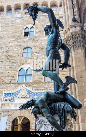 bronze sculpture of Perseus with the Head of Medusa at the Piazza della Signoria, Florence, Italy, made by Benvenuto Cellini in Stock Photo