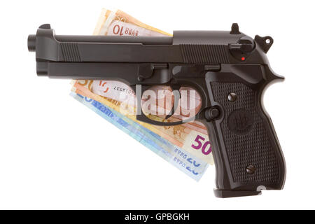 Semi-automatic gun and money isolated Stock Photo