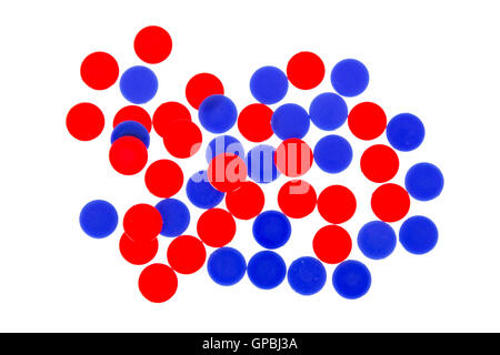 Red and blue chips used in the game line-up 4 Stock Photo