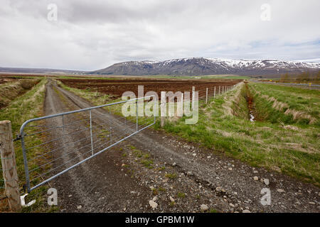 plowed field with drainage ditches dug beside fields in Iceland Stock Photo
