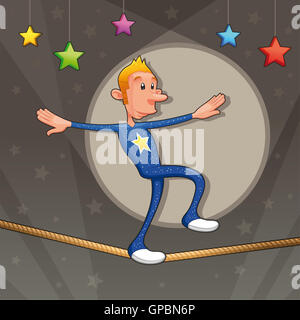 Funny equilibrist is walking on the tightrope. Funny equilibrist is walking on the tightrope. Stock Photo