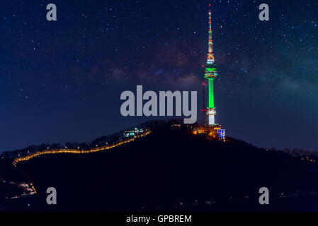 Seoul tower and Milky Way Galaxy in Seoul, South Korea Stock Photo