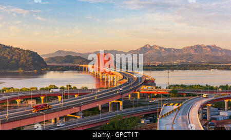 Sunset at Banghwa bridge in Seoul,Korea Stock Photo