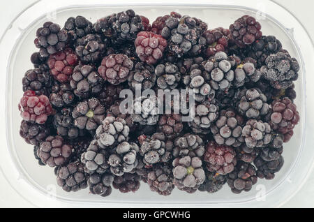 closeup to frozen blackberries in plastic box Stock Photo