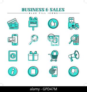 Business and sales, blue fill icons set Stock Vector