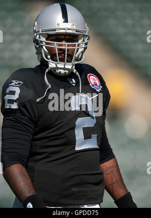 October 25, 2009; Oakland, CA, USA;  Oakland Raiders quarterback JaMarcus Russell (2) before the game against the New York Jets at Oakland-Alameda County Coliseum. New York defeated Oakland 38-0. Stock Photo