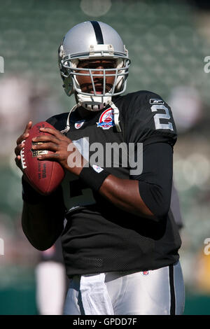 October 25, 2009; Oakland, CA, USA;  Oakland Raiders quarterback JaMarcus Russell (2) before the game against the New York Jets at Oakland-Alameda County Coliseum. New York defeated Oakland 38-0. Stock Photo