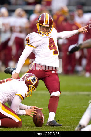 Washington Redskins' kicker Graham Gano reacts after missing a field goal  during the second quarter against the Tampa Bay Buccaneers at FedEx Field  in Landover, Maryland on December 12, 2010. UPI/Kevin Dietsch