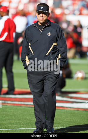 September 20, 2010; San Francisco, CA, USA;  New Orleans Saints head coach Sean Payton watches his team warm up before the game against the San Francisco 49ers at Candlestick Park. Stock Photo