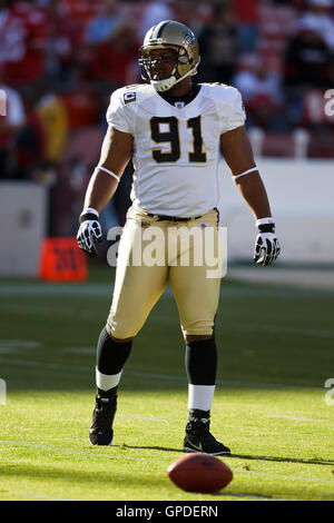 September 20, 2010; San Francisco, CA, USA;  New Orleans Saints defensive end Will Smith (91) warms up before the game against the San Francisco 49ers at Candlestick Park. New Orleans defeated San Francisco 25-22. Stock Photo