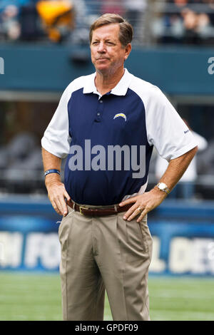 September 26, 2010; Seattle, WA, USA;  San Diego Chargers head coach Norv Turner watches his team warm up before the game against the Seattle Seahawks at Qwest Field. Stock Photo