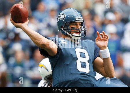 September 26, 2010; Seattle, WA, USA;  Seattle Seahawks quarterback Matt Hasselbeck (8) passes against the San Diego Chargers during the first quarter at Qwest Field. Stock Photo