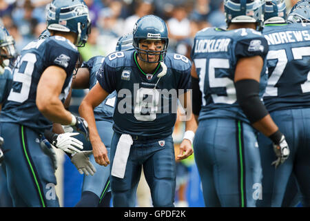 September 26, 2010; Seattle, WA, USA;  Seattle Seahawks quarterback Matt Hasselbeck (8) calls a play against the San Diego Chargers during the first quarter at Qwest Field. Stock Photo