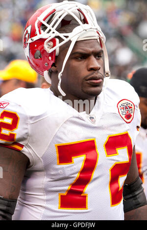 November 7, 2010; Oakland, CA, USA;  Kansas City Chiefs defensive end Glenn Dorsey (72) on the sidelines during the second quarter against the Oakland Raiders at Oakland-Alameda County Coliseum. Oakland defeated Kansas City 23-20 in overtime. Stock Photo