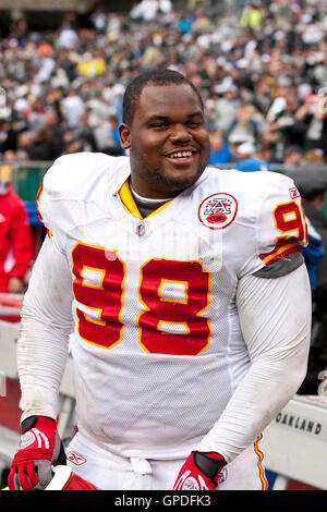 November 7, 2010; Oakland, CA, USA;  Kansas City Chiefs defensive tackle Anthony Toribio (98) on the sidelines during the third quarter against the Oakland Raiders at Oakland-Alameda County Coliseum. Oakland defeated Kansas City 23-20 in overtime. Stock Photo