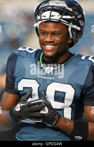 December 5, 2010; Seattle, WA, USA;  Seattle Seahawks cornerback Walter Thurmond (28) warms up before the game against the Carolina Panthers at Qwest Field. Stock Photo