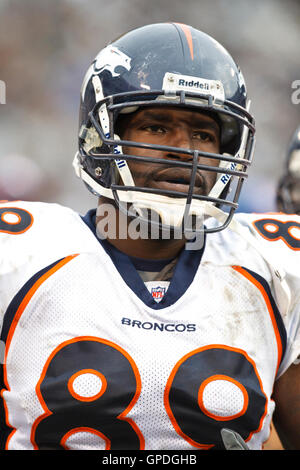 December 19, 2010; Oakland, CA, USA;  Denver Broncos tight end Daniel Graham (89) in between plays against the Oakland Raiders during the third quarter at Oakland-Alameda County Coliseum. Oakland defeated Denver 39-23. Stock Photo