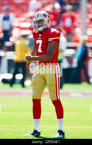 September 18, 2011; San Francisco, CA, USA;  San Francisco 49ers quarterback Colin Kaepernick (7) warms up before the game against the Dallas Cowboys at Candlestick Park.  Dallas defeated San Francisco 27-24 in overtime. Stock Photo