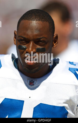 Dallas Cowboys free safety Gerald Sensabaugh (43) limps off the field in  the last seconds of the team's loss at CenturyLink Field in Seattle,  Washington, Sunday, September 16, 2012. The Seattle Seahawks