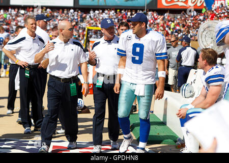 September 18, 2011; San Francisco, CA, USA; Dallas Cowboys quarterback Tony Romo (9) is examined by trainers after leaving the game against the San Francisco 49ers during the third quarter at Candlestick Park. Stock Photo