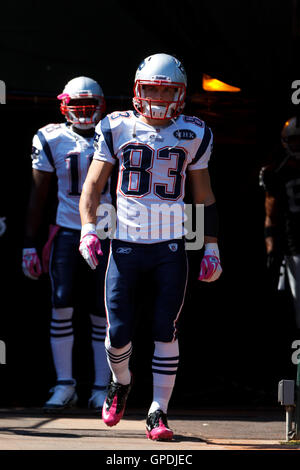Oct 2, 2011; Oakland, CA, USA; New England Patriots wide receiver Wes Welker (83) enters the field before the game against the Oakland Raiders at O.co Coliseum. New England defeated Oakland 31-19. Stock Photo