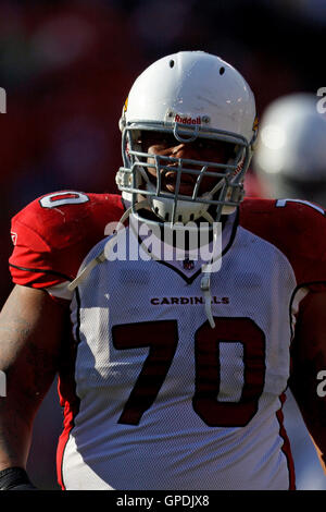 Nov 20, 2011; San Francisco, CA, USA; Arizona Cardinals guard Rex Hadnot (70) after a play against the San Francisco 49ers during the third quarter at Candlestick Park. San Francisco defeated Arizona 23-7. Stock Photo