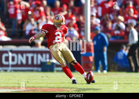 Oct 9, 2011; San Francisco, CA, USA; San Francisco 49ers kicker David Akers (2) kicks off against the Tampa Bay Buccaneers during the fourth quarter at Candlestick Park. San Francisco defeated Tampa Bay 48-3. Stock Photo