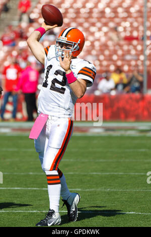 Oct 30, 2011; San Francisco, CA, USA; Cleveland Browns quarterback Colt McCoy (12) warms up before the game against the San Francisco 49ers at Candlestick Park. Stock Photo