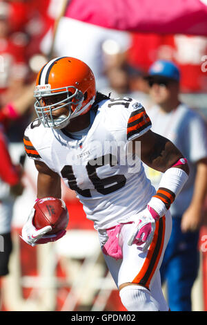 Oct 30, 2011; San Francisco, CA, USA; Cleveland Browns wide receiver Josh Cribbs (16) returns the opening kick off against the San Francisco 49ers during the first quarter at Candlestick Park. San Francisco defeated Cleveland 20-10. Stock Photo