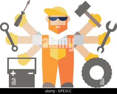 Car repair serviceman with tools and spare parts Stock Vector