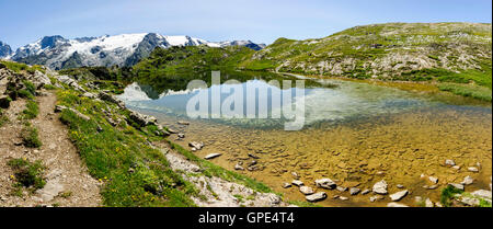 Glacier la Meije from Plateau of Emparis with a lake, Alps, France, Europe Stock Photo