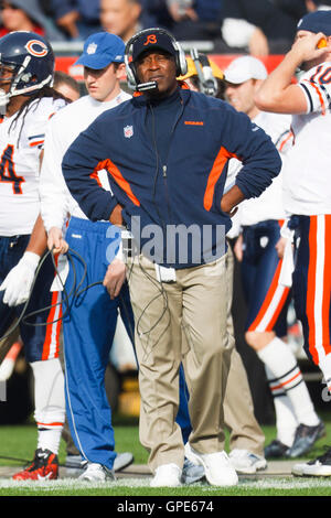 Nov 27, 2011; Oakland, CA, USA; Chicago Bears head coach Lovie Smith on the sidelines against the Oakland Raiders during the first quarter at O.co Coliseum. Stock Photo