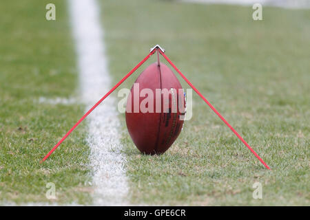 Dec 18, 2011; Oakland, CA, USA; Detailed view of a football on a kicking stand before the game between the Oakland Raiders and the Detroit Lions at O.co Coliseum. Detroit defeated Oakland 28-27. Stock Photo